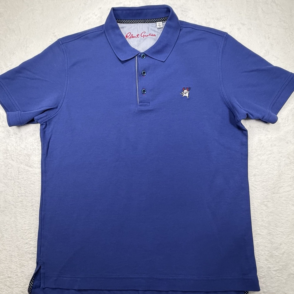 Robert Graham Devil Polo Shirt Mens XL Blue Pique Cotton Embroidered Golf